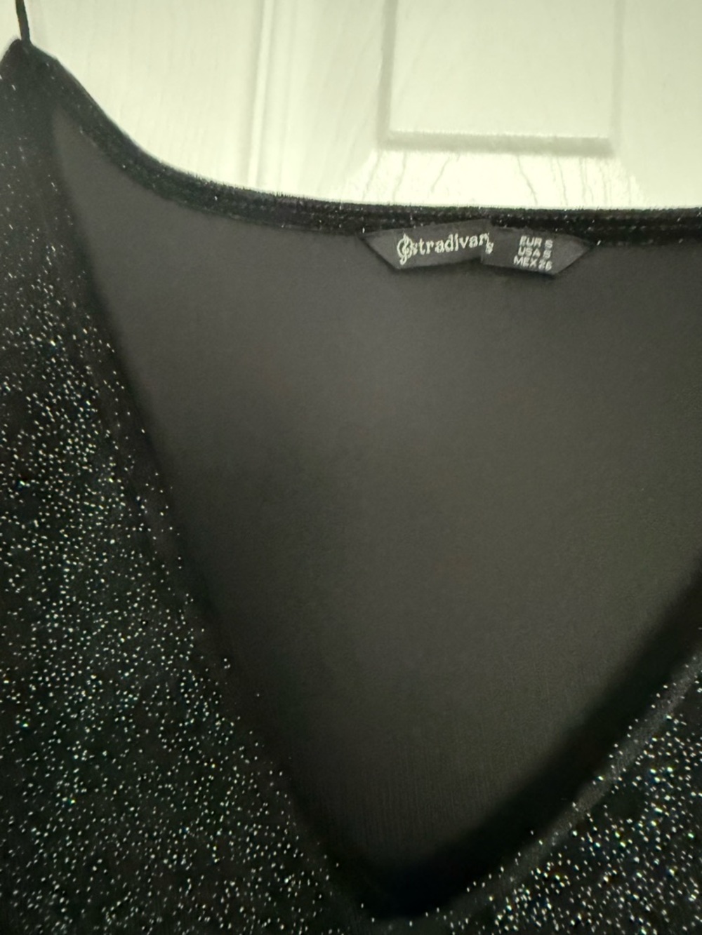 Stradivarius Black Sparkle V-Neck Top with Silver Glitter